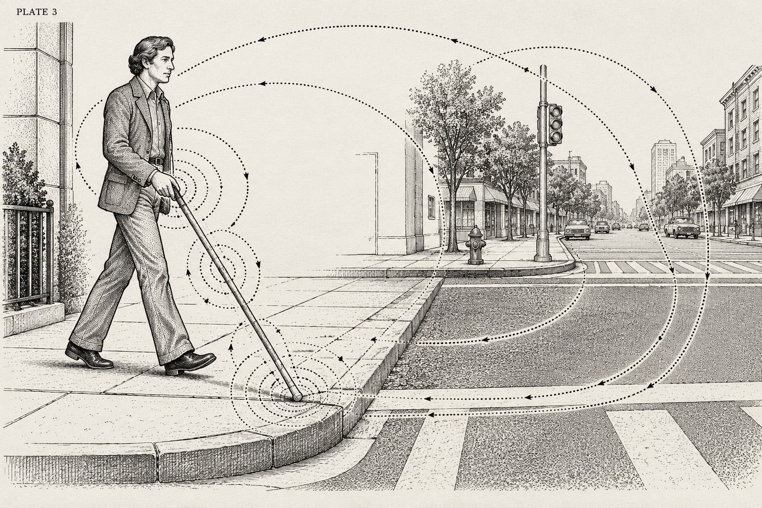 Plate III. A person walking with a cane, the street included in the circuit.