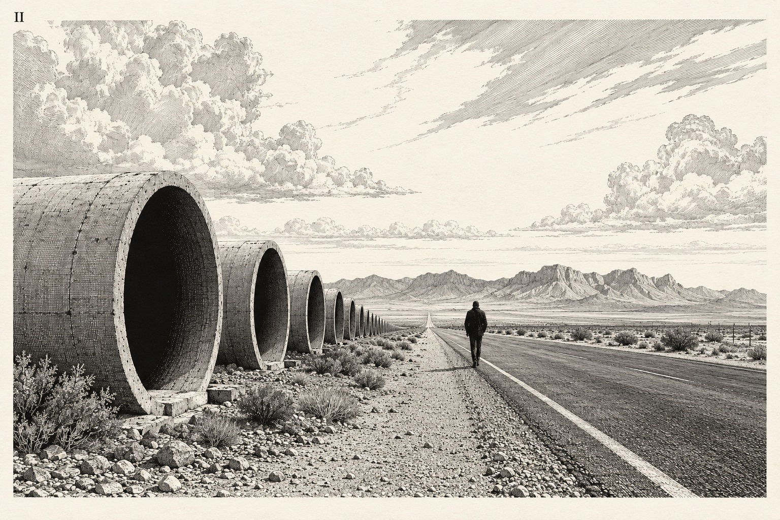 Plate VII. A lone walker on a desert highway.