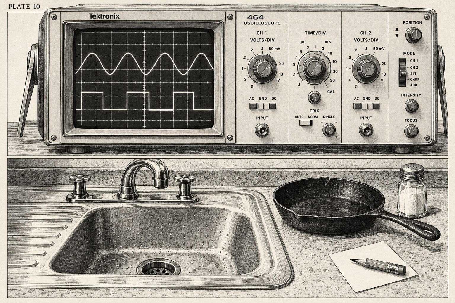 Plate XV. Laboratory instruments above a kitchen sink and a small notepad.